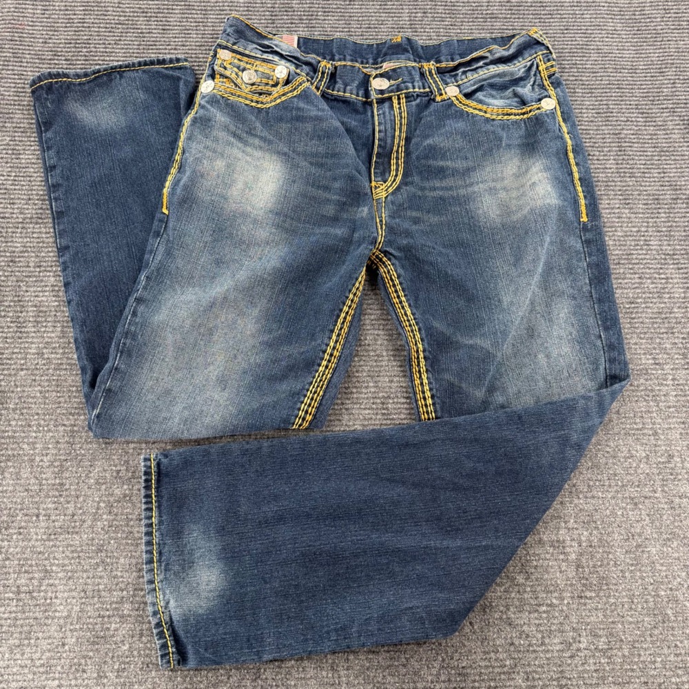 True Religion Ricky Super QT Mens 40 Blue Denim Thick Stitch Made USA Jeans
